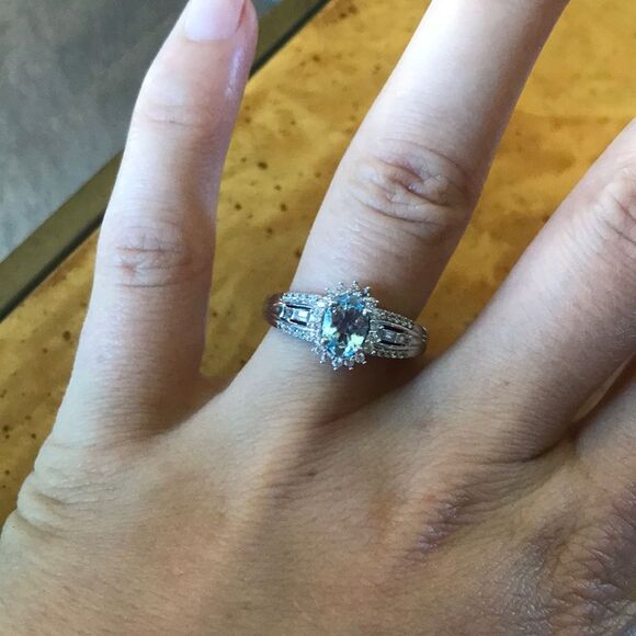 Natural Aquamarine Sterling Silver Halo Ring Size 8 - Picture 1 of 7